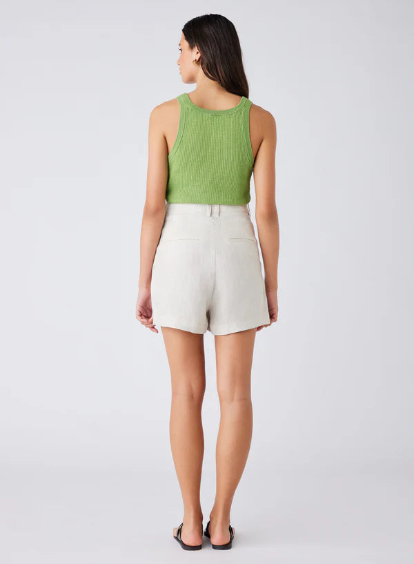 Esmaee Avalon high waisted linen shorts in beige.
