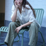 Olive green linen wide leg pant. Designed in Byron Bay