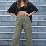 High waist khaki linen pant with wide leg and pockets. Made sustainably in  Australia