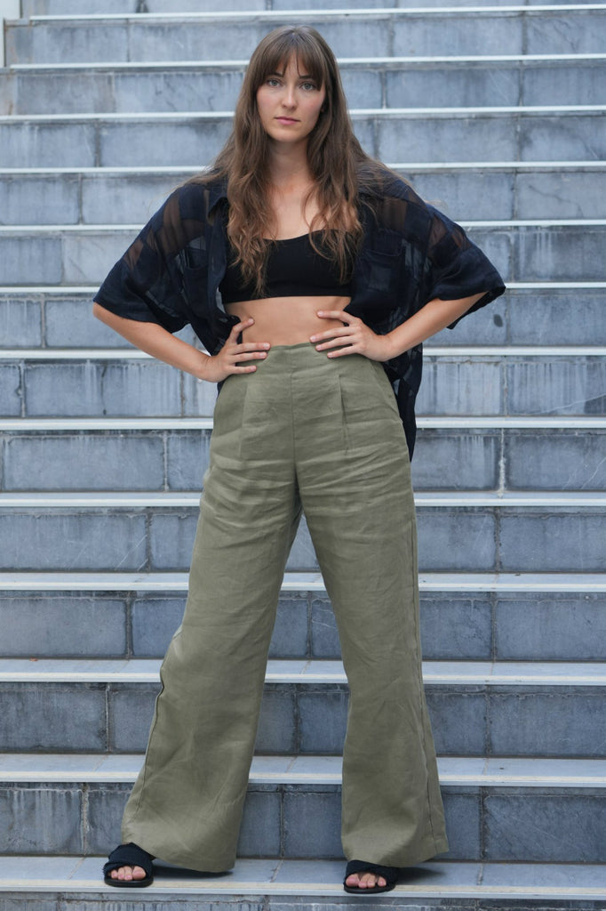 High waist khaki linen pant with wide leg and pockets. Made sustainably in  Australia