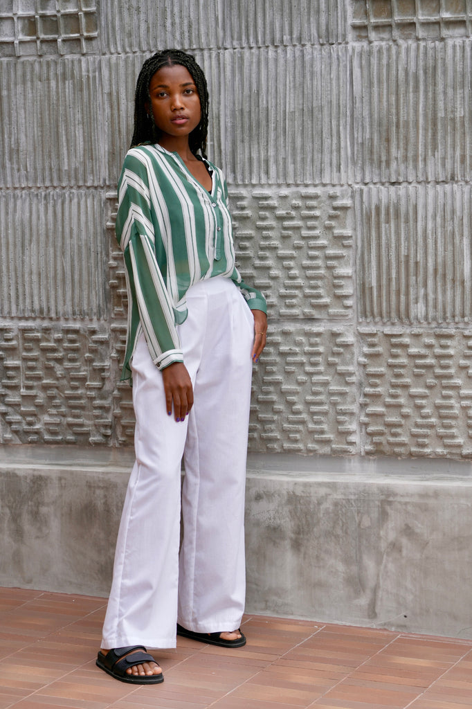 Rae’s Shirt Retro Stripe - GREEN AND WHITE Silk crepe