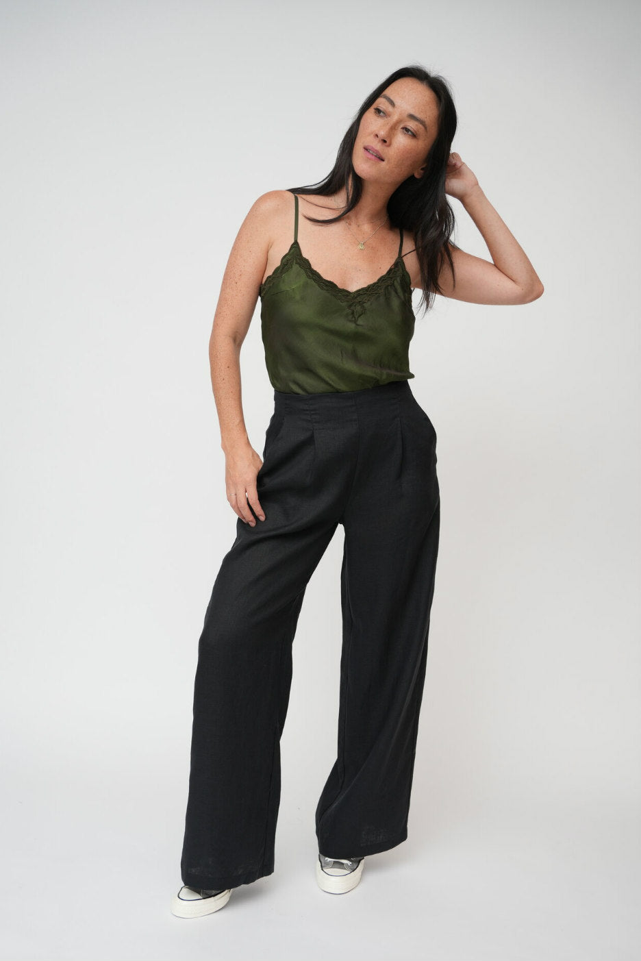 High cut black linen pants 