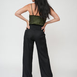 High cut man style black linen pants 