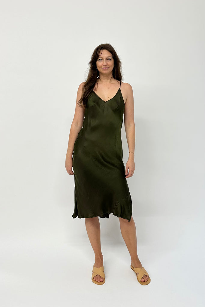Llow back silk mix bias cut dress with adjustable straps