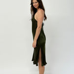 Olive green silk mix dress with side split