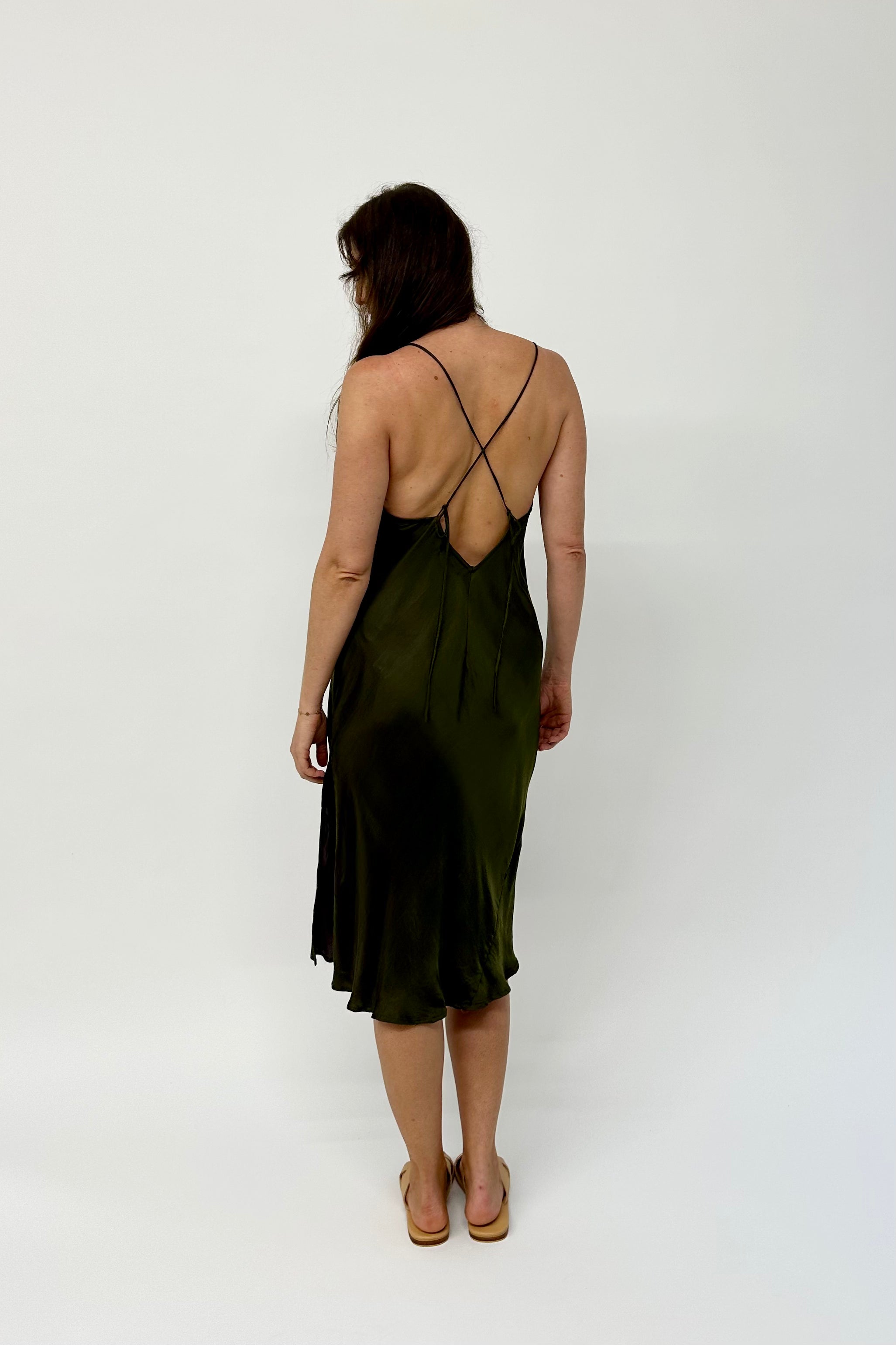 Green silk dress with cross back