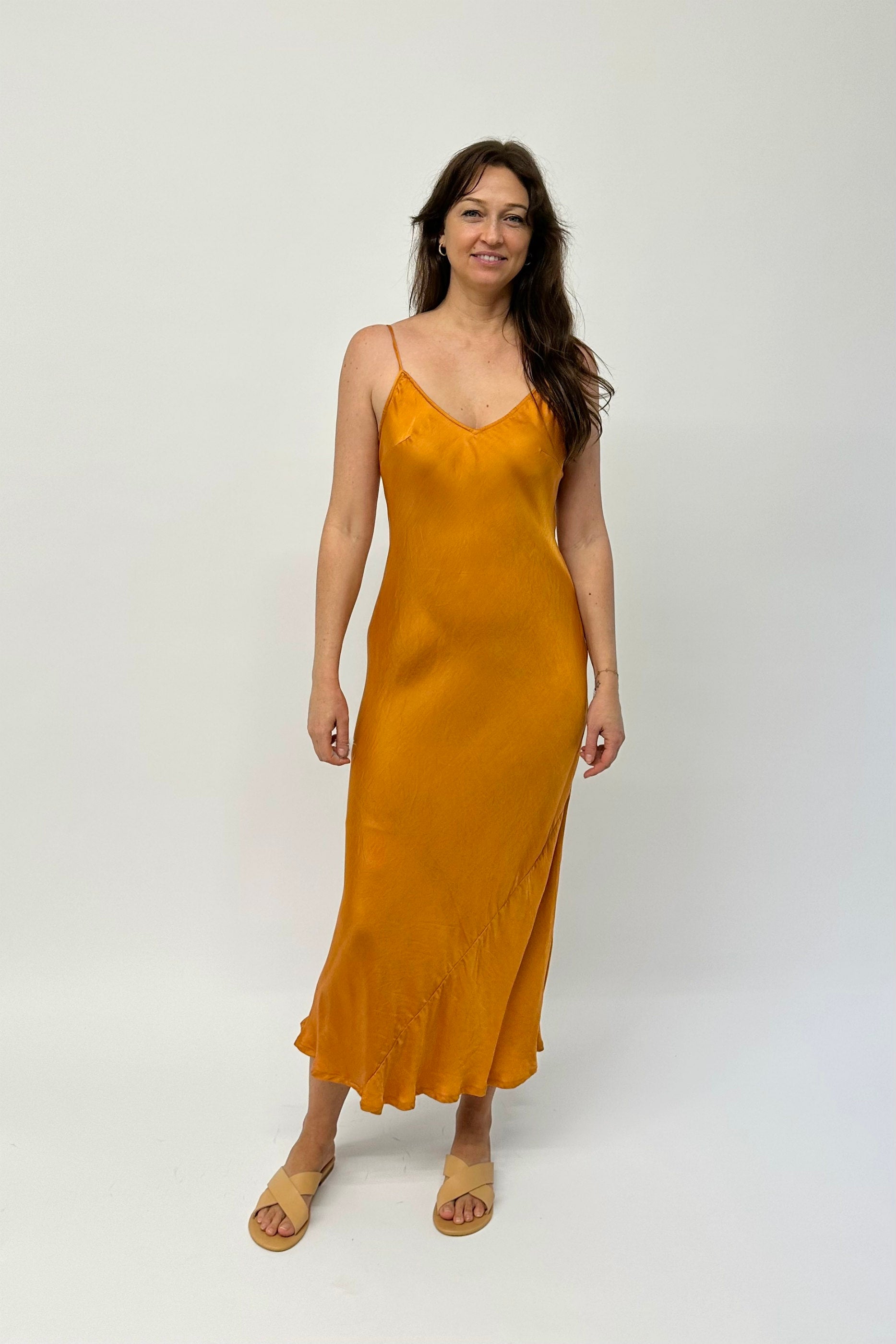Gold silk mix bias cut slip dress in maxi length