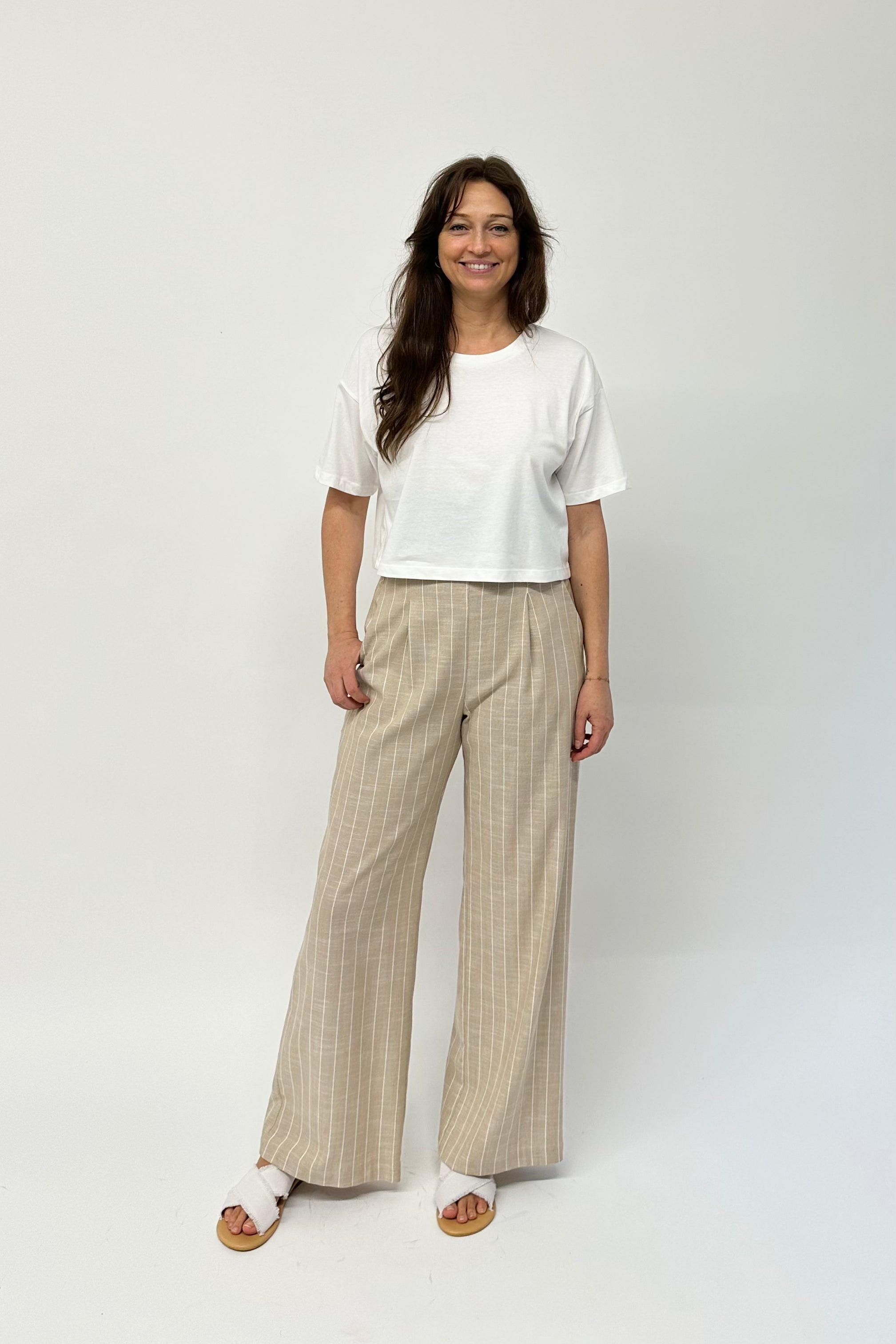 Linen pin striped pants made sustainably in Australia