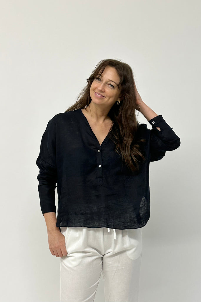 Black linen shirting, made sustainably in australia