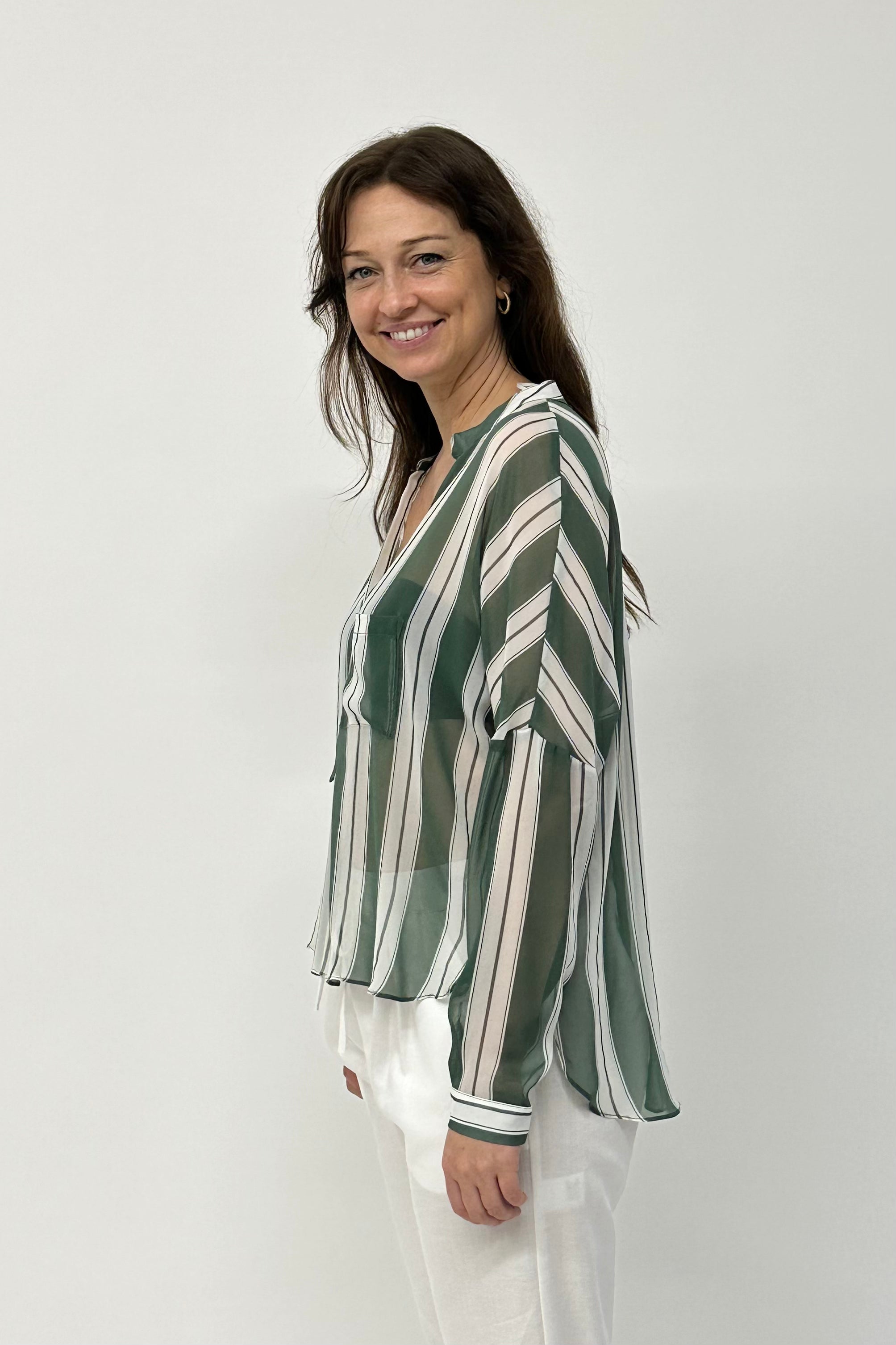 Rae’s Shirt Retro Stripe - GREEN AND WHITE Silk crepe