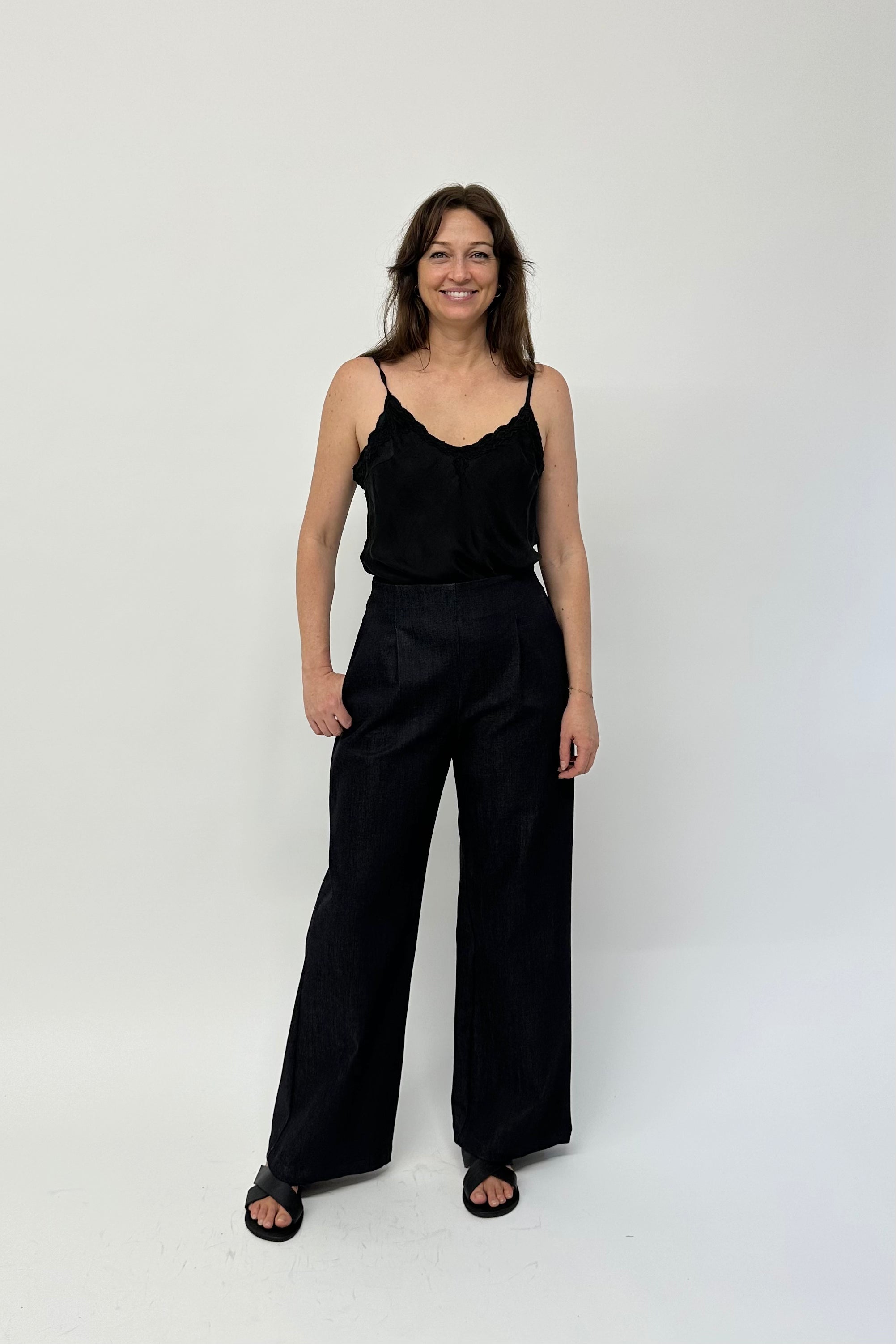 Japanese denim pant. made in australia. Featuring high waist, elasticated back and wide leg.