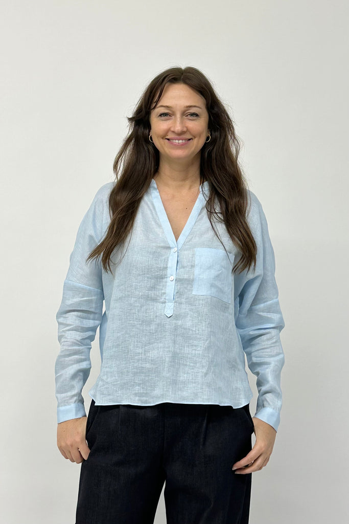 light blue linen shirt. Made in australia. Australian label