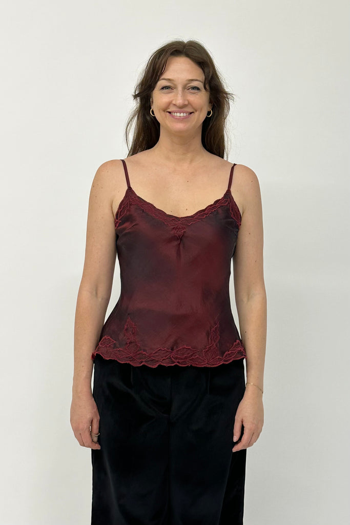 silk embroidered cami in maroon colour