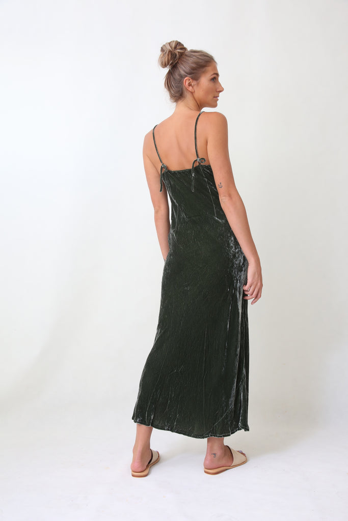 MARILYN VELVET DRESS LONG - OLIVE