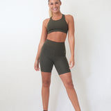 Sports bra round neck long workout shorts