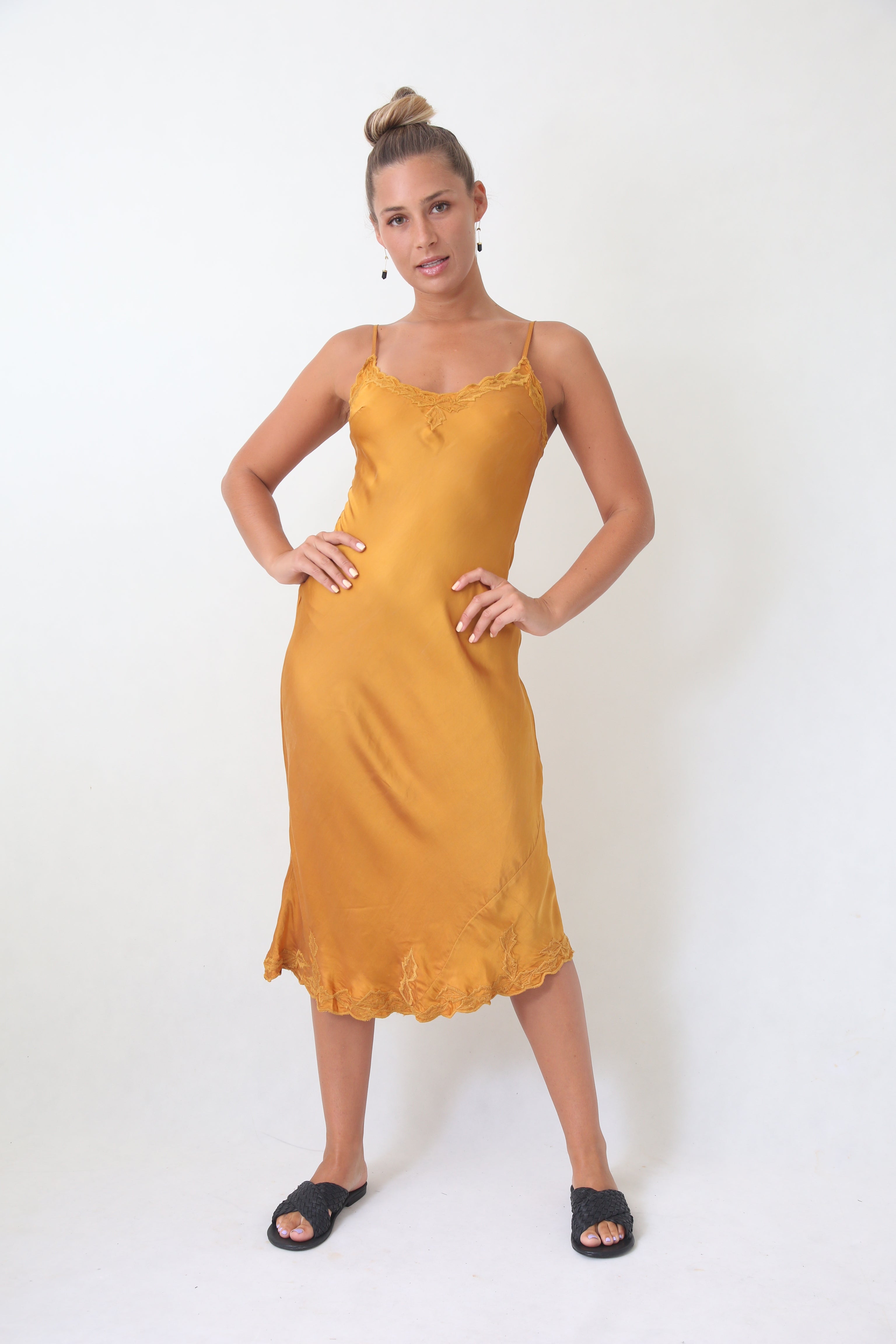 Gold silk bias cut dress