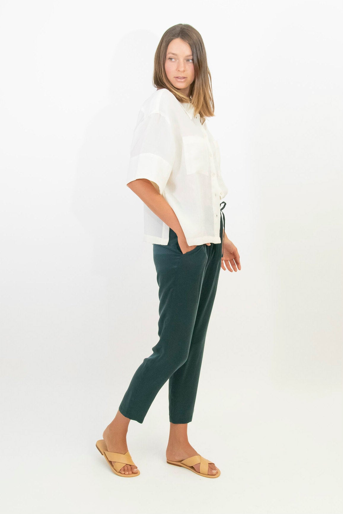 Green silk pants with waist tie
