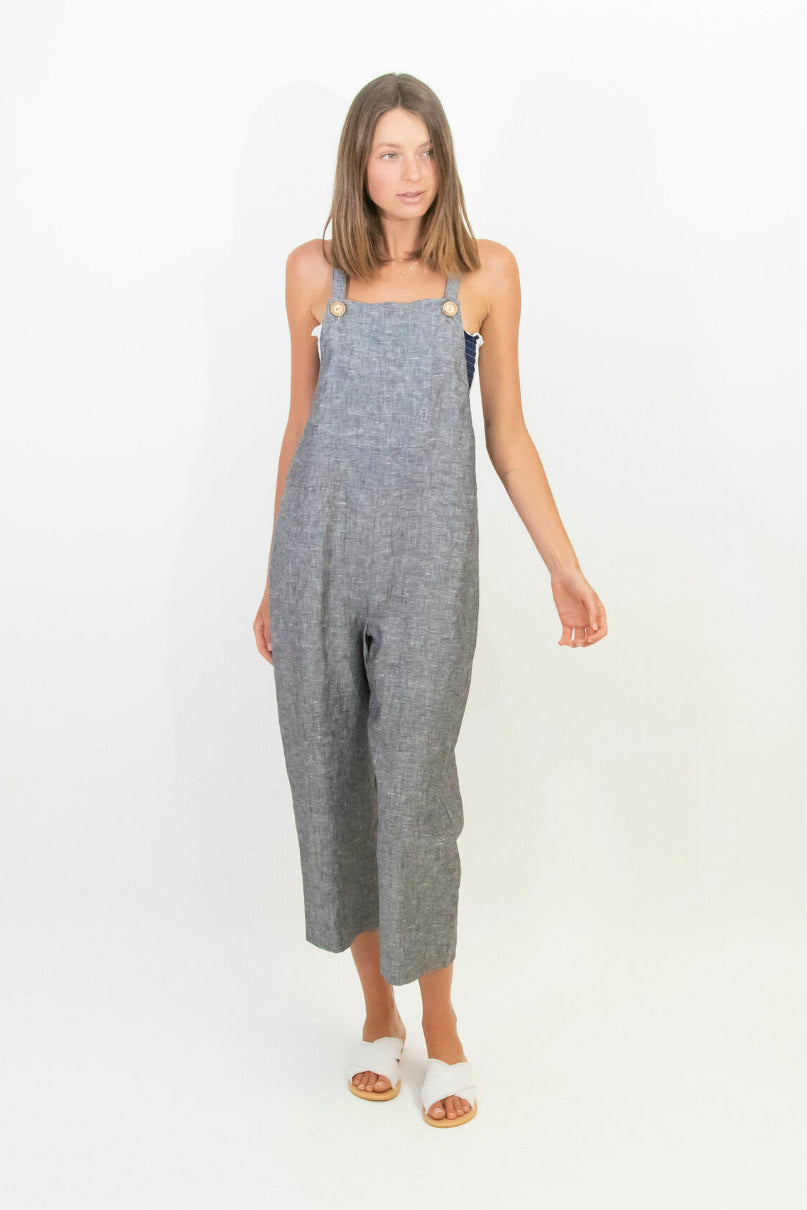 Australian made linen overalls with pockets and vintage style buttons