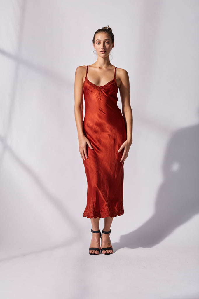 Rust silk discount slip dress