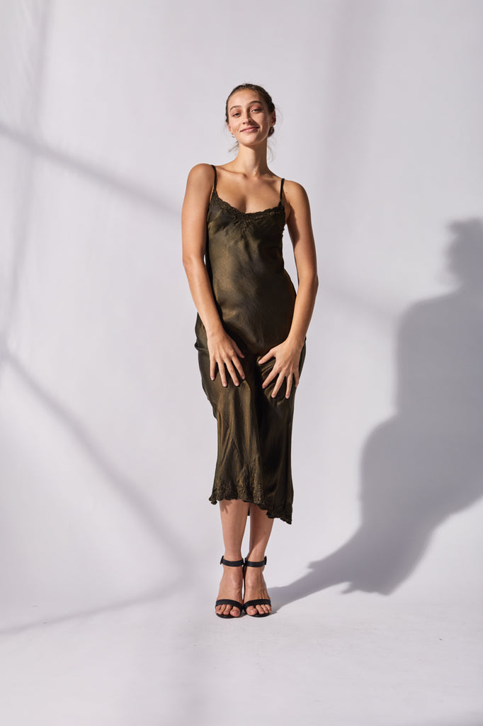 Marilyn Luxe Silk Dress Dark Olive BAY Active