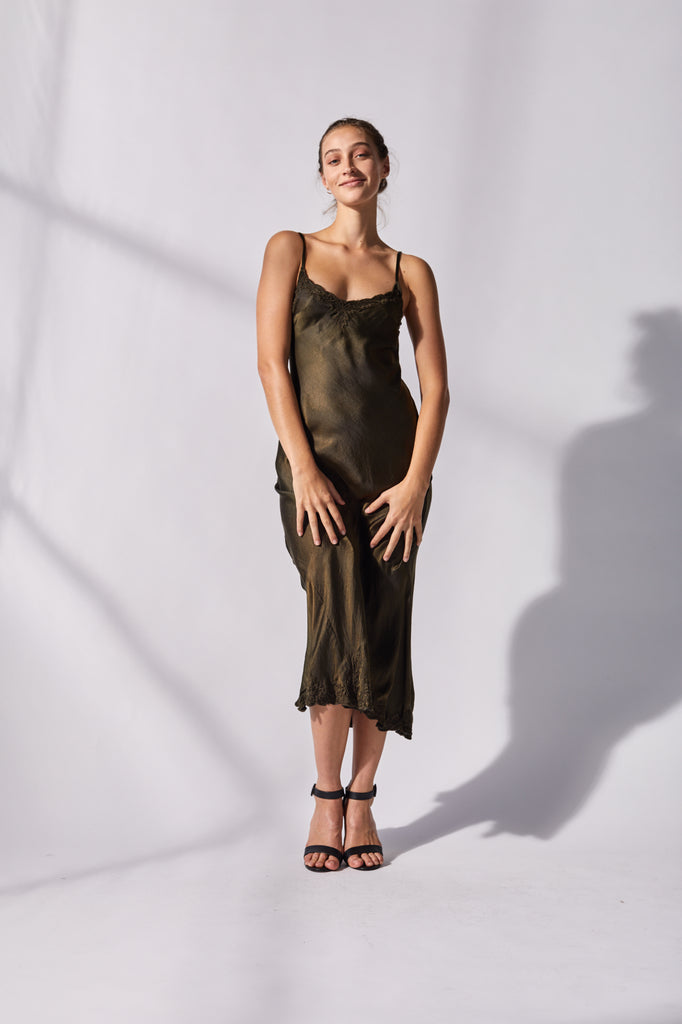 Olive silk slip dress with adjustable straps