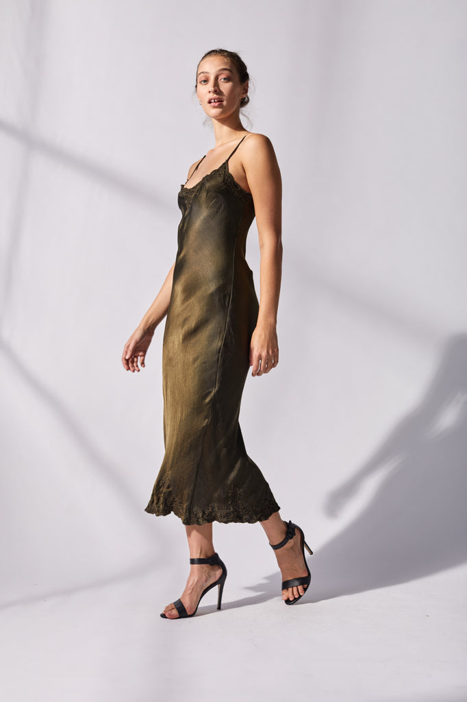 Marilyn Luxe Silk Dress - Dark Olive