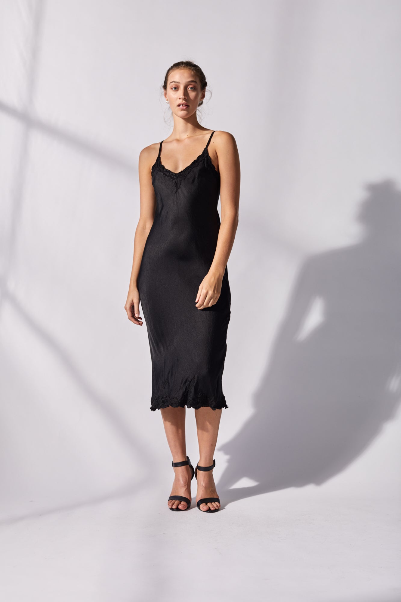 Silk bias dress with embroidered trim