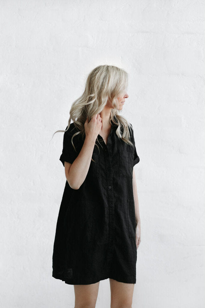 linen tunic dress button through with pockets