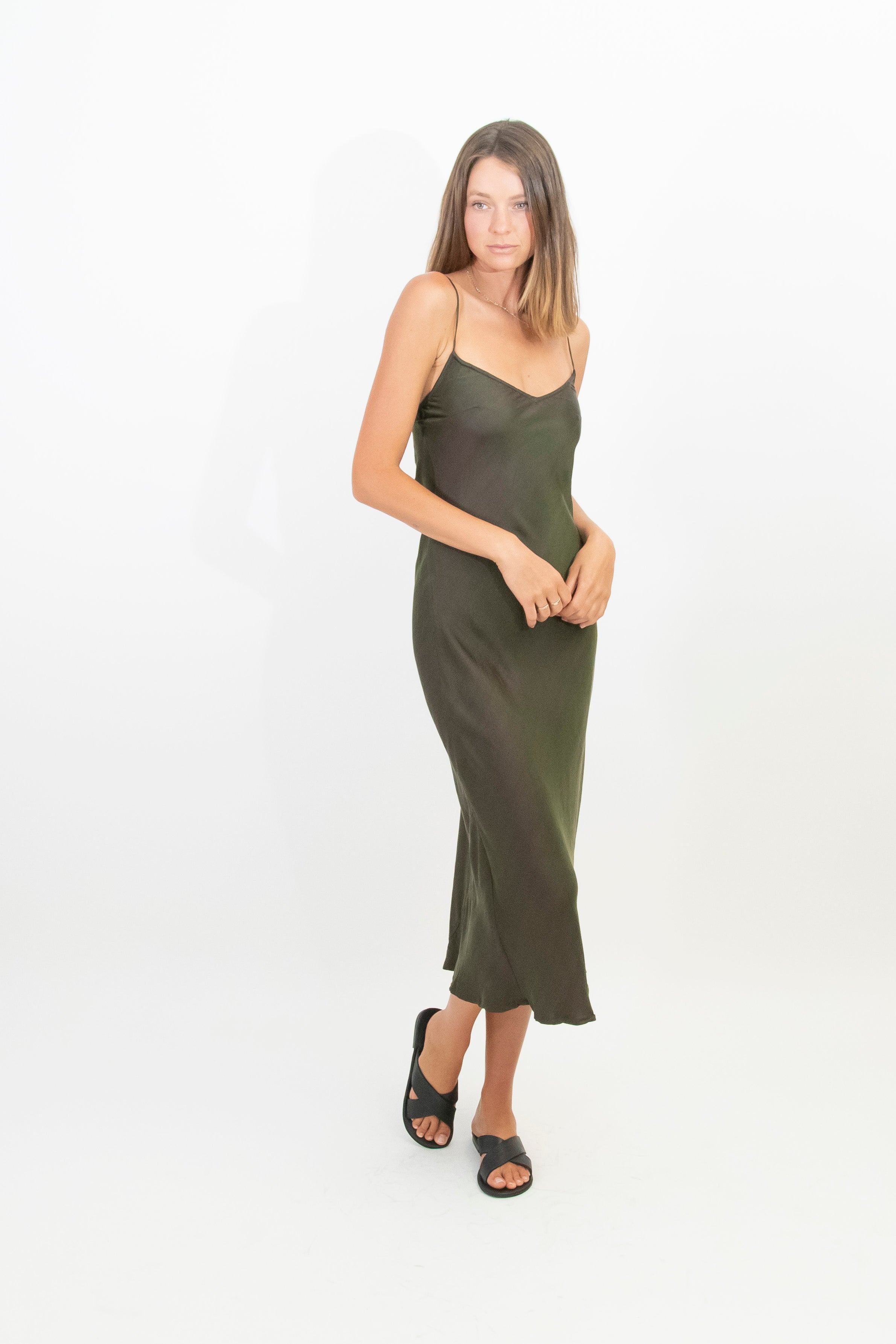 Olive colour silk slip dress