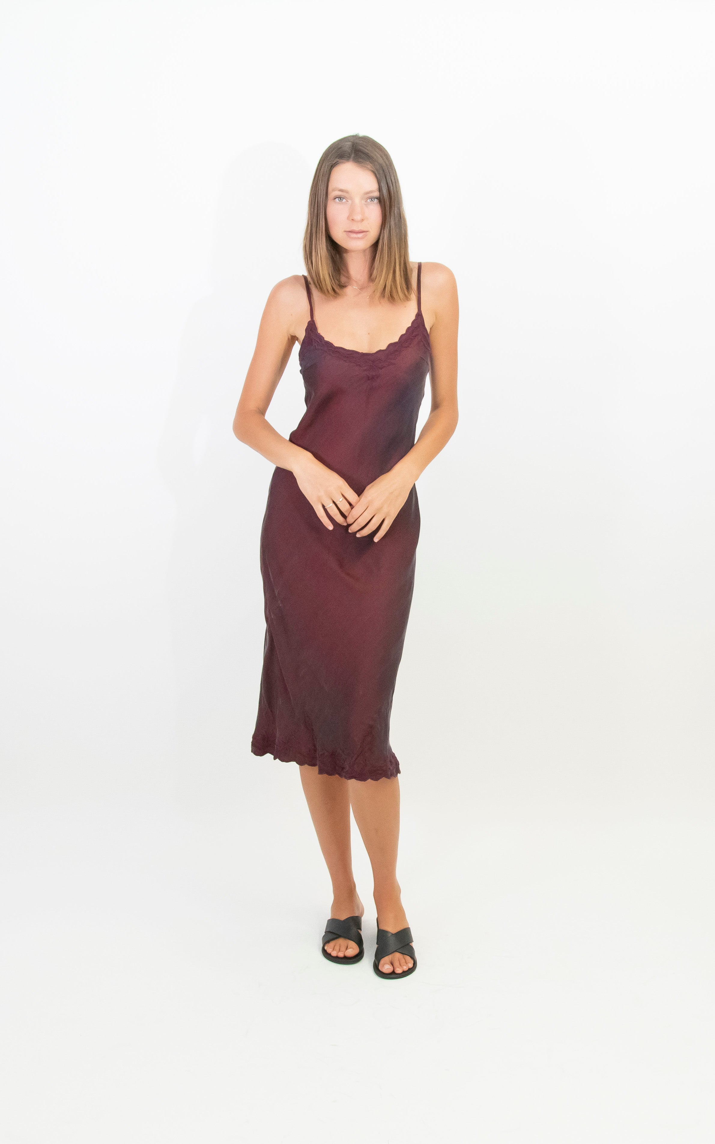 Maroon Silk slip dress with embroidered flowers